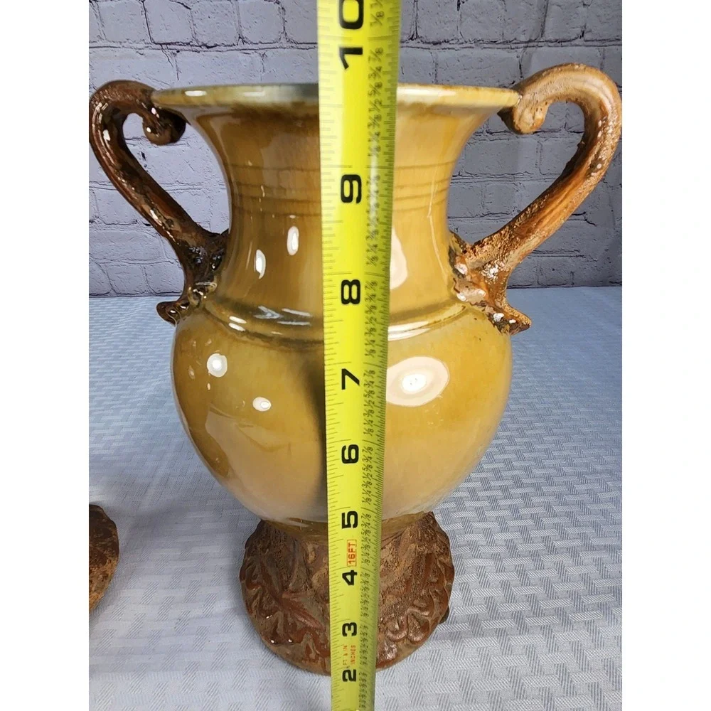Lg Tuscan Style Ceramic Vase Set Brown Drip Glaze Rustic Bookshelf Mantlw Decor